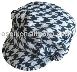 hunt tooth woven hat with bow aside