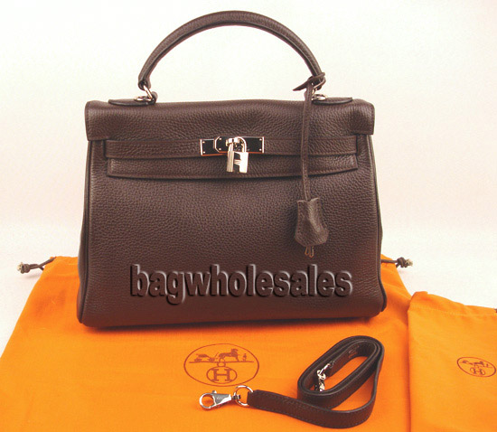 Hermes dark coffee leather Kelly bag 1043 32cm