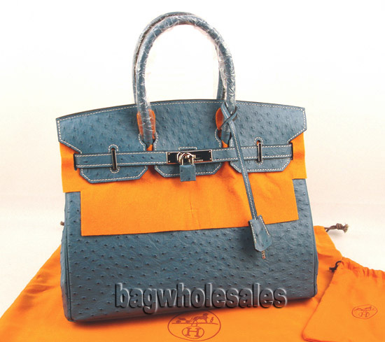 Hermes blue ostrich texture handbag 35 cm