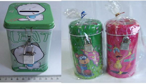 tin coin bank, tin dibs can, tin money box