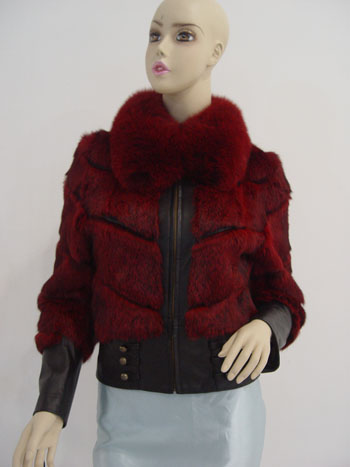 Dyed Rabbit Fur Coat with Fox Fur Collar