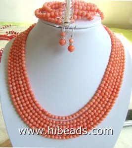 6 rows 5mm pink coral necklace round jewelry set