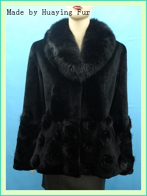 Fur garment- Rex rabbit fur coat with fox collar