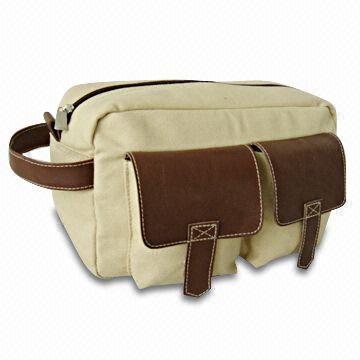 Canvas Cosmetic Bag, Foam Inside, Brown PVC Trim