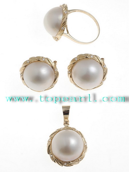 Mabe pearl 14K gold pendant, ring & earrings