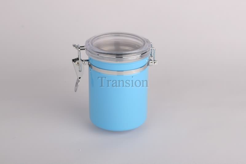 Stainless Steel Clip-Top tea container with clear lid (blue powder coated) -L