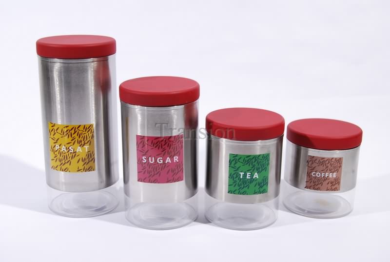 Stainless Steel tea canister with Plastic botton and red powder coated sheet iron lid (big picture) -M