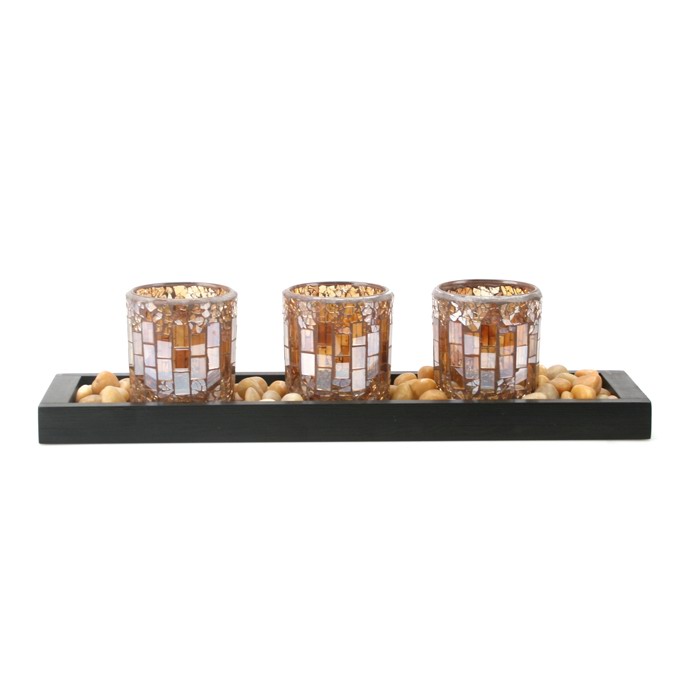 Mosaic Votive Candle Holders On a Wood Tray 