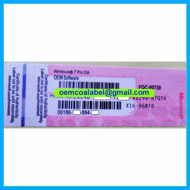 Windows7 Pro COA Label Sticker License, X11, X12, 