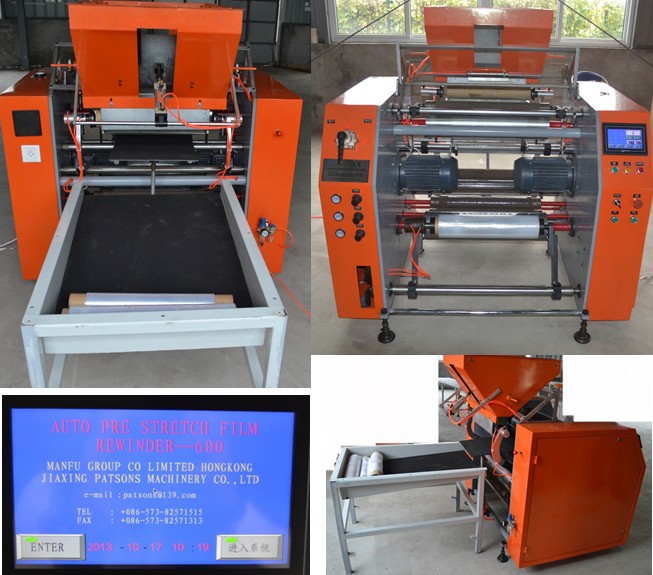 Automatic pre-stretch film rewinding machine