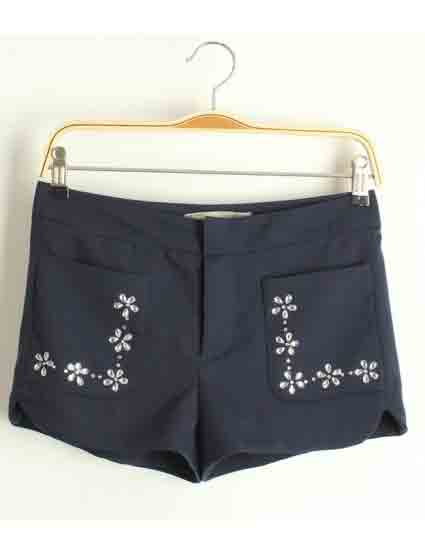 Dark Blue Double Pockets Diamante Short Pants 