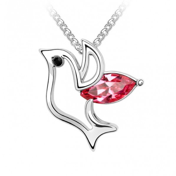 Peace Dove Austria Crystal Pendant Necklace-Rose Pink-White Gold Plated