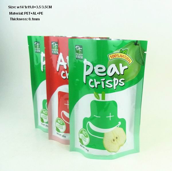 Pear Crisps colourful plastic stand up package bag