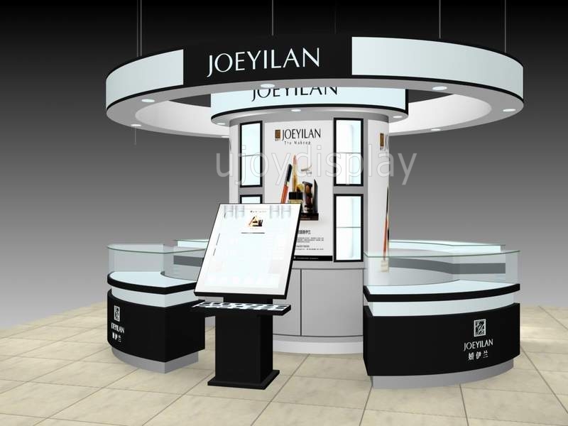 glass and wood cosmetic mall display kiosk