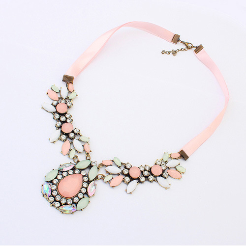 European and American metal alloy exaggerated luxury gemstone drops Ribbon women short choker fashion statement necklace