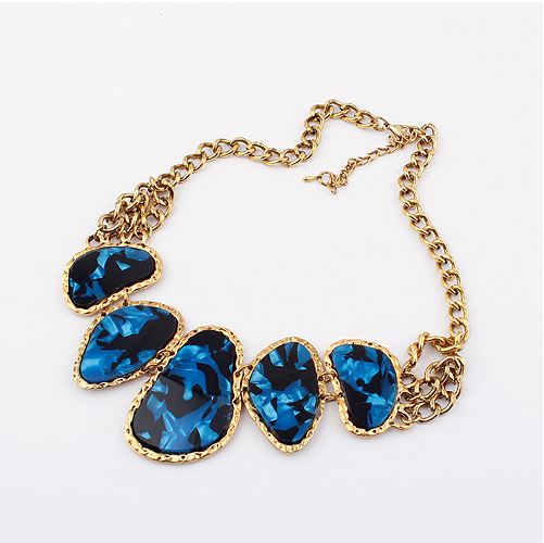 color stones vintage zinc alloy resin inlaid antique gold plate metal retro short necklace exaggerate style