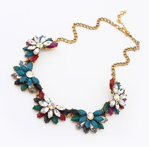 Resin stone flower clear rhinestones gold plating zinc alloy metal luxury statement necklace women chokers