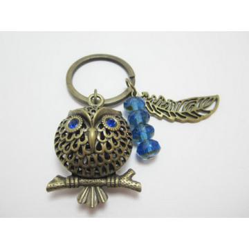 Bronze Owl with Blue Gem Eyes Keychain Earth Tones