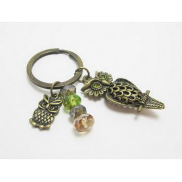 Bronze Owl with Green Gem Eyes Keychain Picasso Czech RondellesFrom WhispySnowAngel