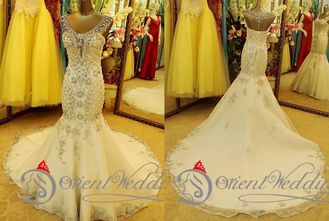 Elegant Mermaid V Neck Tulle Chapel Train Womens Wedding Dresses Swarovski Crystal