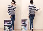 Popular Cotton Ladies Fine Knit Sweaters , Long Sleeve Pullover with Two-tone Irregular Stripes