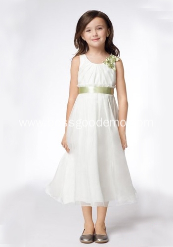 A-line Round Neck Tea-length Satin Organza Ribbons Flower Girl Dress