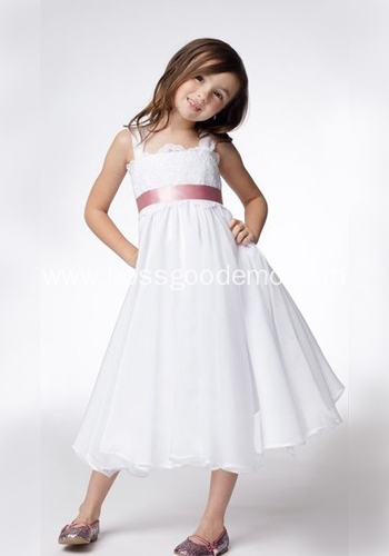 A-line Wide Straps Tea-length Taffeta Lace Ribbons Flower Girl Dress