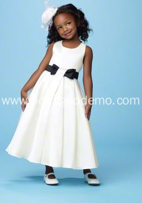 A-line Round Neck Ankle-length Satin Bow Belt Flower Girl Dress