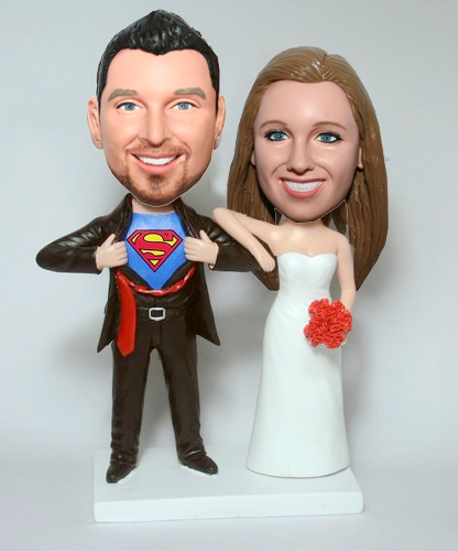 All White Custom Wedding Couple on Heart Shap Base Bobbleheads