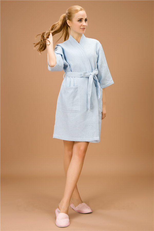 Blue / White / Peach Beige Luxury Bathrobes for Women , Hooded Waffle Sleepwear