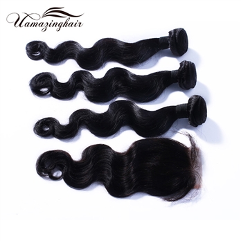 Indian virgin hair 3 bundles Body Wave with 3.5& quot;*4& quot; Free part lace top closure