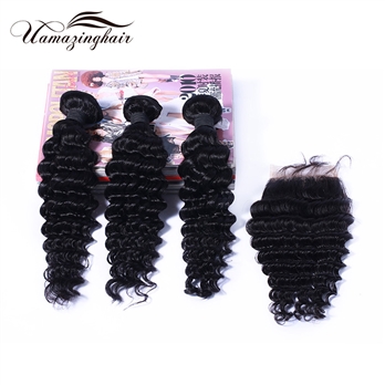 Indian virgin hair 3 bundles Deep Wave with 3.5& quot;*4& quot; Free part lace top closure