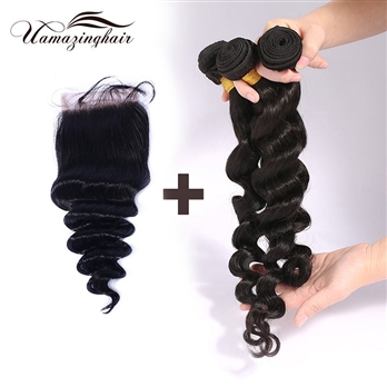 Indian virgin hair 3 bundles Loose Wave with 3.5& quot;*4& quot; Free part lace top closure