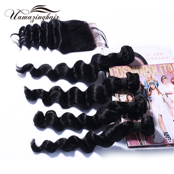 Indian virgin hair 4 bundles Loose Wave with 3.5& quot;*4& quot; Free part lace top closure