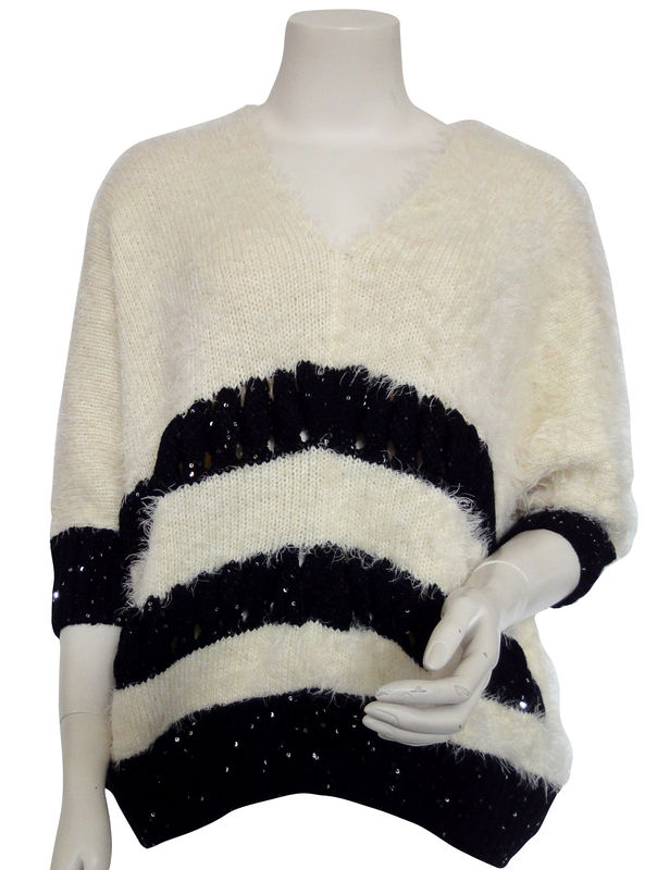 Ladies v neck pullover sweater with Furry yarns , black sequin stitch