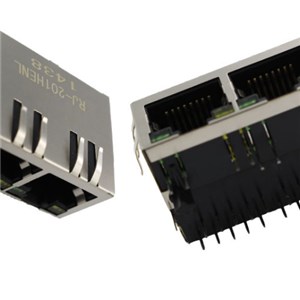1*2 Port 90 Degree 1000Base-T RJ45 Female Connector With LED With Spring