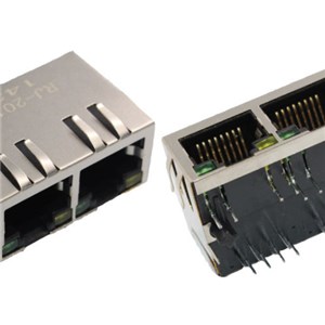 1*2 Port 90 Degree 100Base-T RJ45 Female Connector With LED With Spring