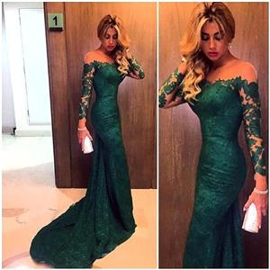 Long Sleeve Green Lace Evening Dress