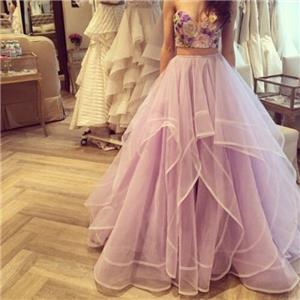 Beautiful Flowers Sweetheart Tulle Prom Dress Two Pieces