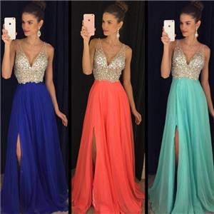 Elegant V-Neck Sleeveless crystal Prom Dresses