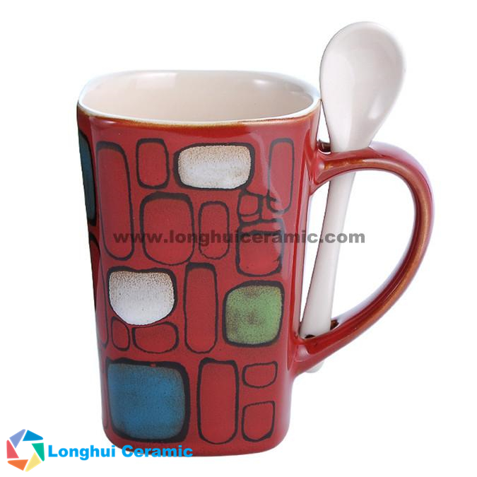 340cc hand painted fashion quadrilateral ceramic coffee mug with spoon