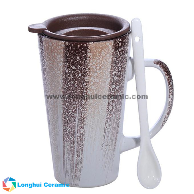 460cc Large glaze brushed ceramic couple coffee mug with spoon