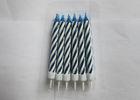 Flameless Blue And White Long Birthday Cake Candles , Paraffin Wax Swirl Birthday Candles
