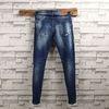 Spandex Wrinkled Mens Slim Fit Tapered Leg Jeans Light Blue Unique Features