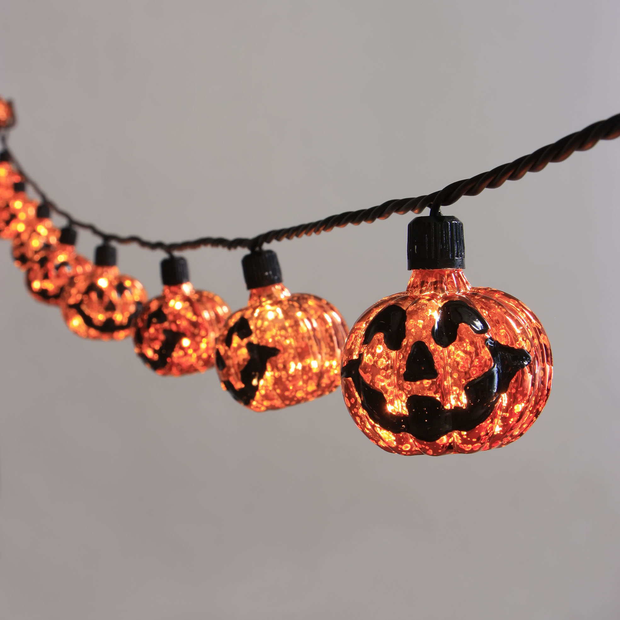 Halloween Decorative 10 Light Set with Mercury Orange Plastic Pumpkin