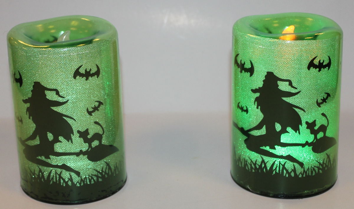 Halloween Decoration B/O 4.5& quot; LED Tea Lights, Printng Witch with orange Flickering LED