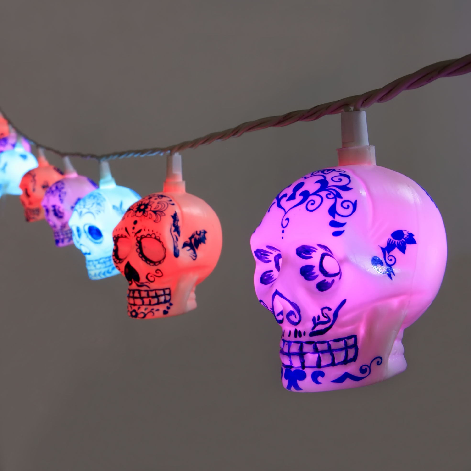 Halloween Decorative 10 Light Set with color handdrawing on white skull lampshade