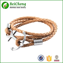 Multilayer Punk Charming Rope Hand Chain Men Stainless Steel Anchor Woven Leather Bracelets & Bangles