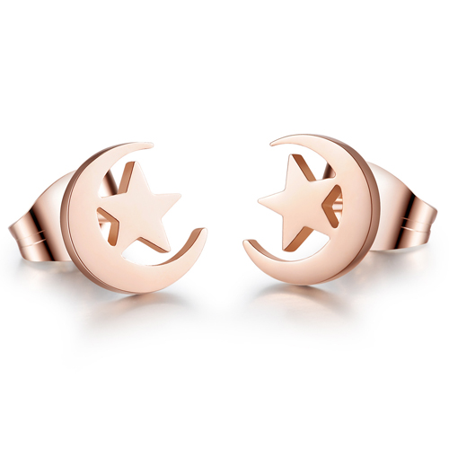 elegant stars and moon rose gold stainless steel stud earrings