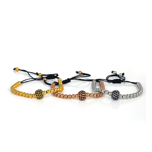24K Gold 4mm beads and 8mm Micro Pave Black CZ Beads Braid Macrame Bracelet for Men